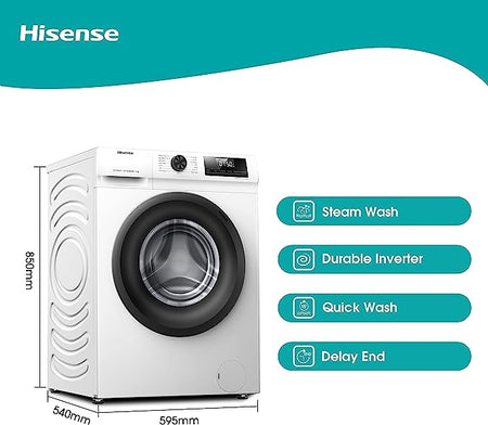 Hisense-WFQP9014EVM-Freestanding-9 KG-Front Load Washing Durable Inverter Machine-Steam Wash-Quick Wash-15 Washing Programs-1400 RPM-White-Energy Rating C [Energy Class C]