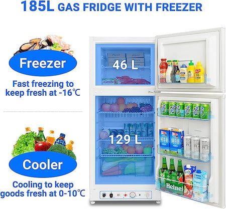 Techomey Gas Fridge Freezer 185L, 2 Way Gas Fridge Freezer for Caravan, 240V Gas Camping Fridge Freezer for Kitchen, Outdoor, Motorhome, Traveling, White [Energy Class G] [Energy Class G]