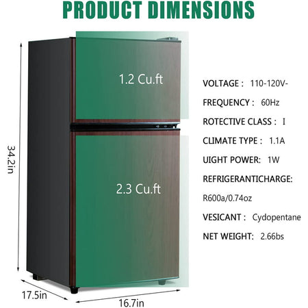 Krib Bling Compact Refrigerator 3.5 Cu ft Mini Fridge with Freezer with Removable Glass Shelves Wood Grain