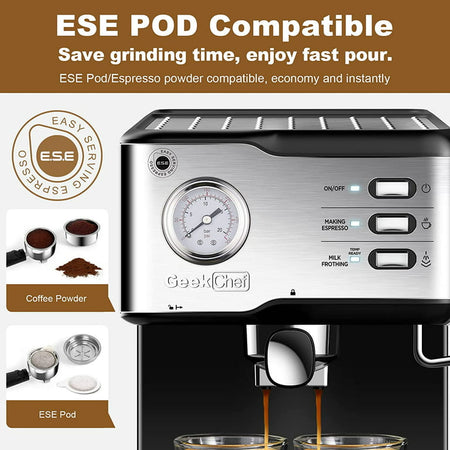 Geek Chef Espresso Machine Coffee Maker, 20 Bar Pump Pressure Espresso & Cappuccino Latte Maker with ESE POD Filter&Milk Frother Steam Wand&Pressure Gauge, 1.5L Water Tank, Stainless steel